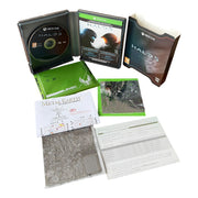Halo 5 gaming bundle with disc, case, and accessories on a white background