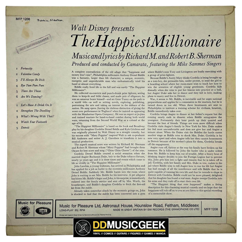 Richard M. Sherman, Robert B. Sherman, Mike Sammes Singers, Tutti Camarata: Walt Disney Presents The Happiest Millionaire (LP, Album, Mono) - DD Music Geek