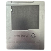 Metallic device with a screen and branding on a white background