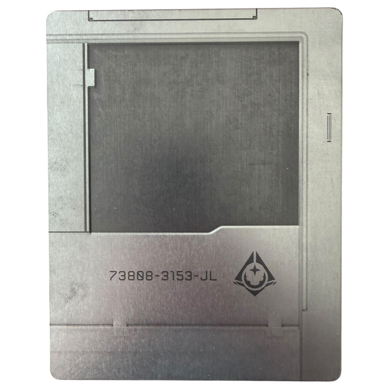Metallic device with a screen and branding on a white background