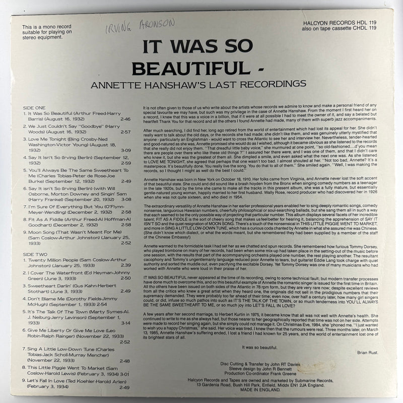Annette Hanshaw: It Was So Beautiful - Very Good (VG) / Very Good (VG)