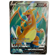 A holographic Charizard V Pokémon trading card from the Ultra Thicker TCG Edition set, featuring a vibrant orange and yellow dragon on a blue-green iridescent background.