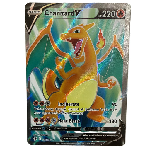 A holographic Charizard V Pokémon trading card from the Ultra Thicker TCG Edition set, featuring a vibrant orange and yellow dragon on a blue-green iridescent background.