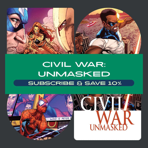 Promotional graphic for 'Civil War: Unmasked' with superhero characters and subscription offer.
