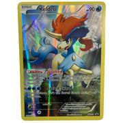 A holographic Pokémon trading card featuring Keldeo from the Basic set, displayed against a plain off-white background.