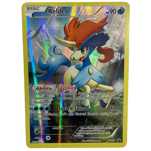 A holographic Pokémon trading card featuring Keldeo from the Basic set, displayed against a plain off-white background.