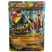 A holographic Primal Groudon EX trading card from the Pokémon EX进化 expansion, featuring a fiery Primal Groudon illustration and Gaia Volcano typing, photographed against a reflective light-colored background.