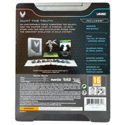 Back of a gaming product packaging with text and graphics on a black background