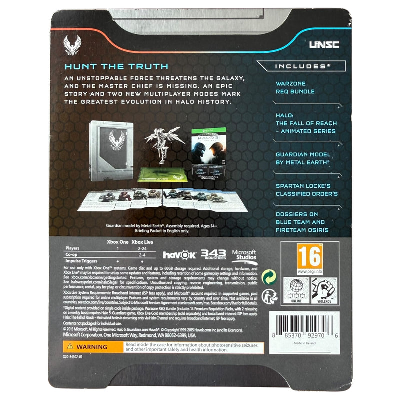 Back of a gaming product packaging with text and graphics on a black background