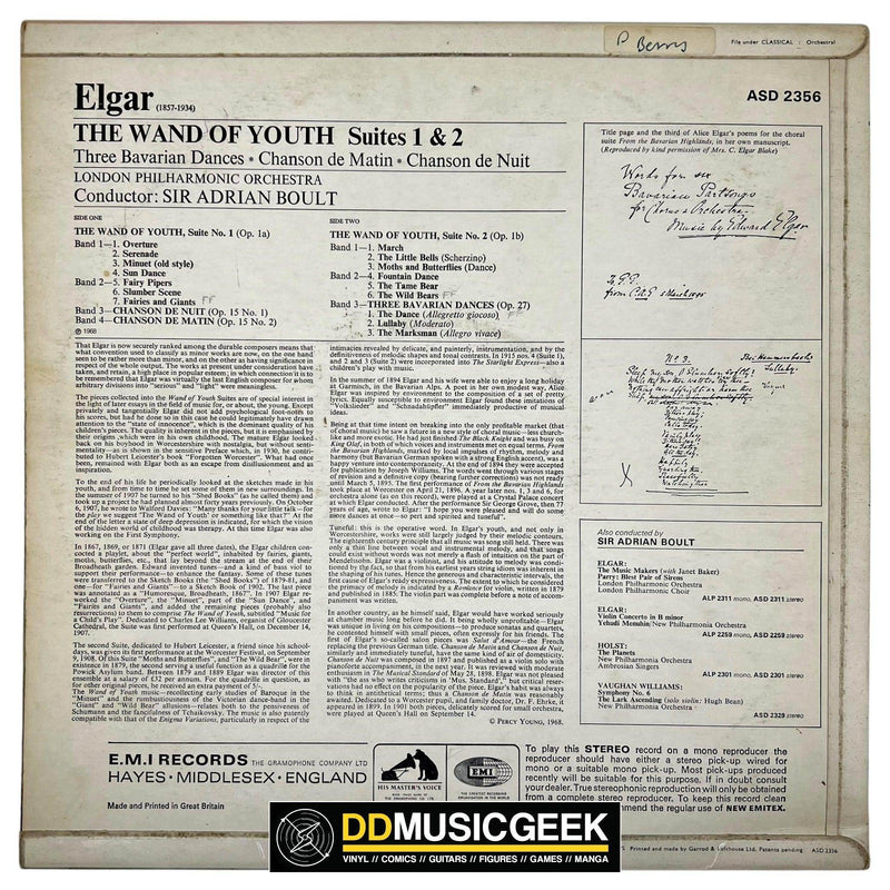 Elgar*, Sir Adrian Boult, London Philharmonic Orchestra: The Wand Of Youth (Suites 1 & 2) / Chanson De Matin / Chanson De Nuit / Three Bavarian Dances (LP) - DD Music Geek