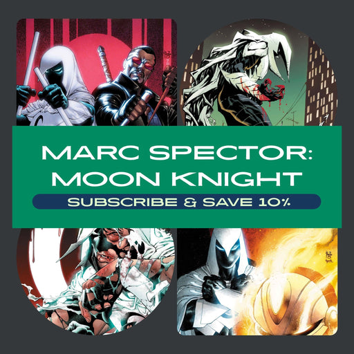 Promotional graphic for 'Marc Spector: Moon Knight' with character images and subscription offer.