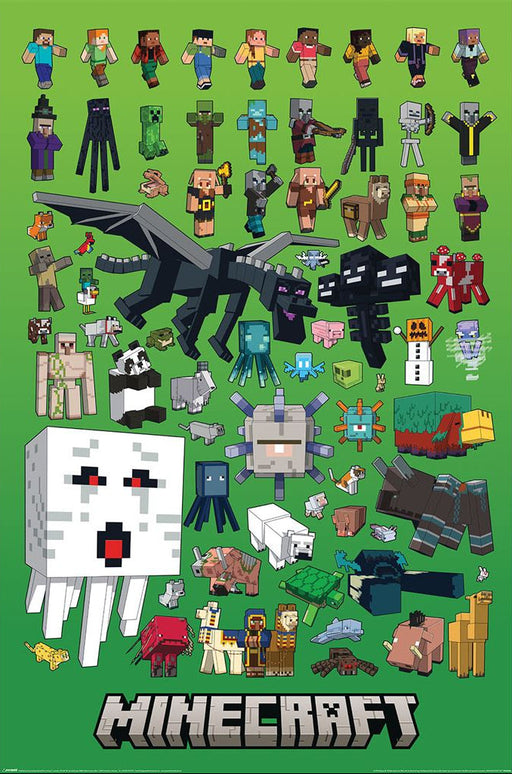 A Minecraft poster featuring a green background filled with pixelated game characters, creatures, and the Minecraft logo at the bottom.