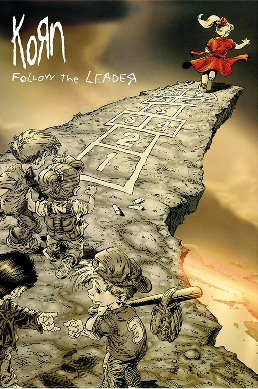 Comic book cover for 'Korn - Follow the Leader', featuring illustrated children playing hopscotch on a cliffside while a figure in a red dress jumps from above at the top right.
