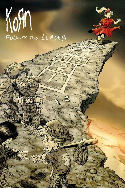 Comic book cover for 'Korn - Follow the Leader', featuring illustrated children playing hopscotch on a cliffside while a figure in a red dress jumps from above at the top right.