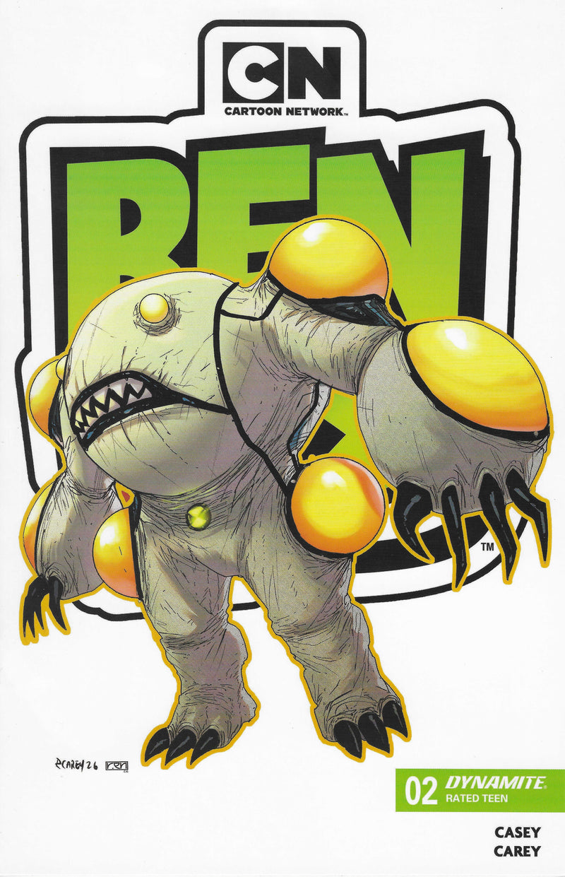 Ben 10 comic book cover featuring the Cartoon Network logo at the top and the Dynamite logo at the bottom right. The central character is a gray alien with large yellow globes on its arms and legs, standing in front of a white background with a large green 'BEN' text element.
