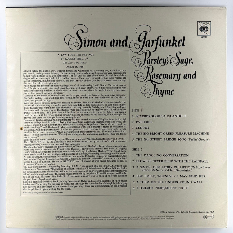 Simon & Garfunkel: Parsley, Sage, Rosemary And Thyme - Good Plus (G+) / Very Good (VG) Back cover