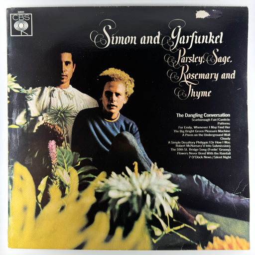 Album cover for 'Parsley, Sage, Rosemary and Thyme' by Simon and Garfunkel with two people and floral elements.