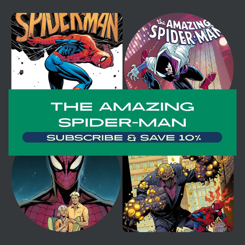Promotional graphic for 'The Amazing Spider-Man' with character images and subscription offer.