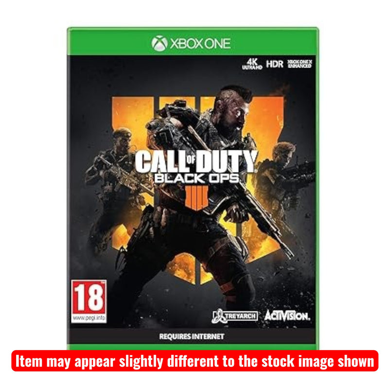 Call of Duty: Black Ops 4 Xbox One game case. Features soldiers in tactical gear. Rated PEGI 18.