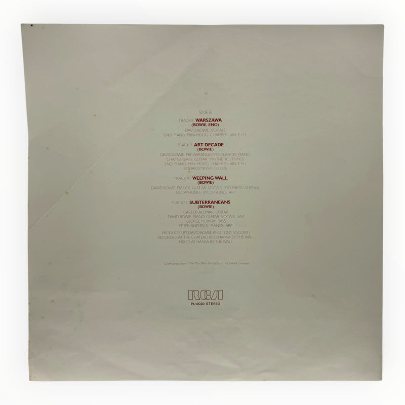 DD Music Geek back cover of David Bowie Low 1977 vinyl LP featuring tracklist and production credits on white sleeve