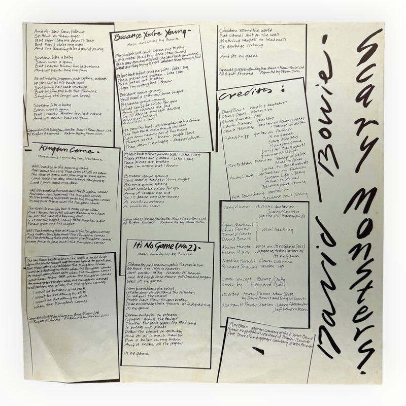 DD Music Geek vintage 1980 David Bowie Scary Monsters vinyl LP lyrics insert with sepia brown text on white paper