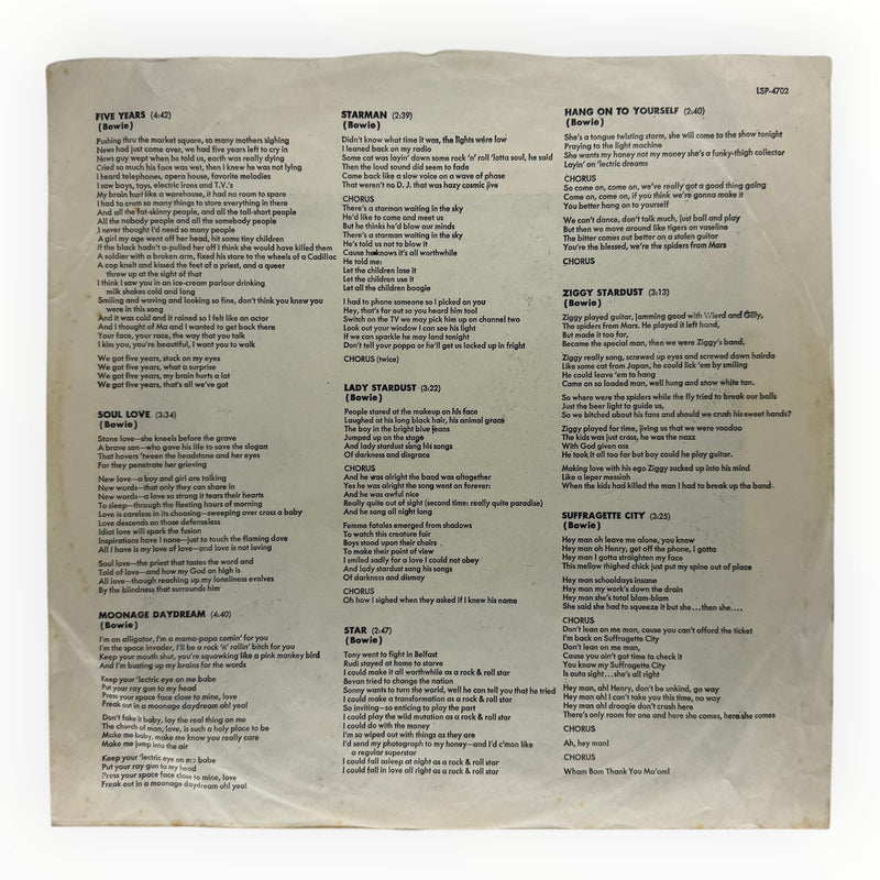 DD Music Geek vintage 1972 David Bowie Ziggy Stardust vinyl LP inner sleeve with printed lyrics