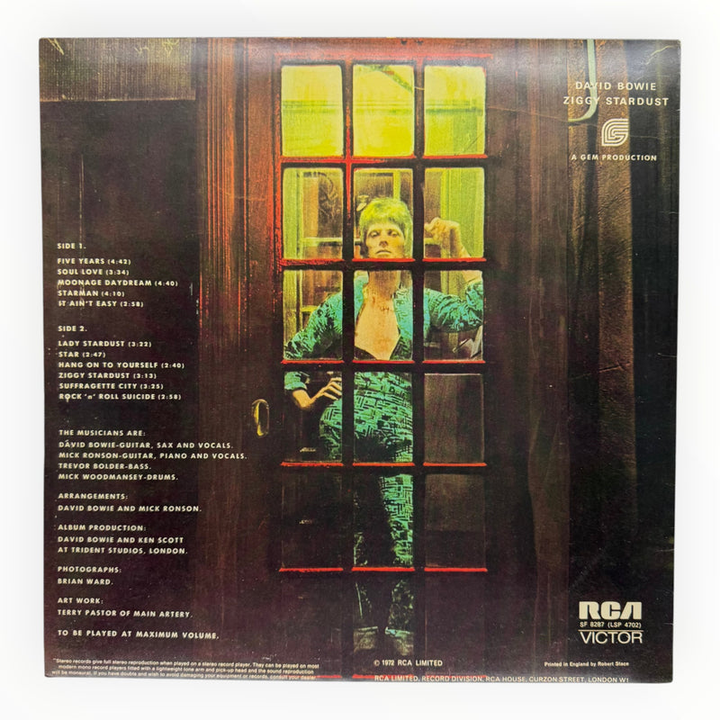 DD Music Geek vintage 1972 David Bowie Ziggy Stardust vinyl LP back cover featuring tracklist and iconic phone booth