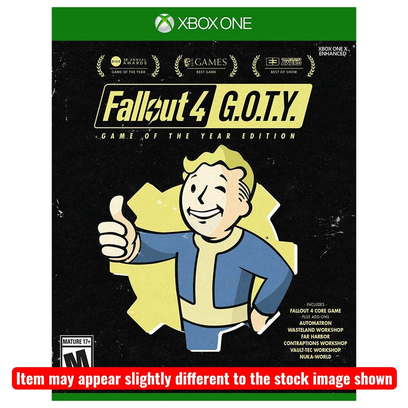 Fallout 4 Game of the Year Edition for Xbox One, featuring Vault Boy giving a thumbs up.