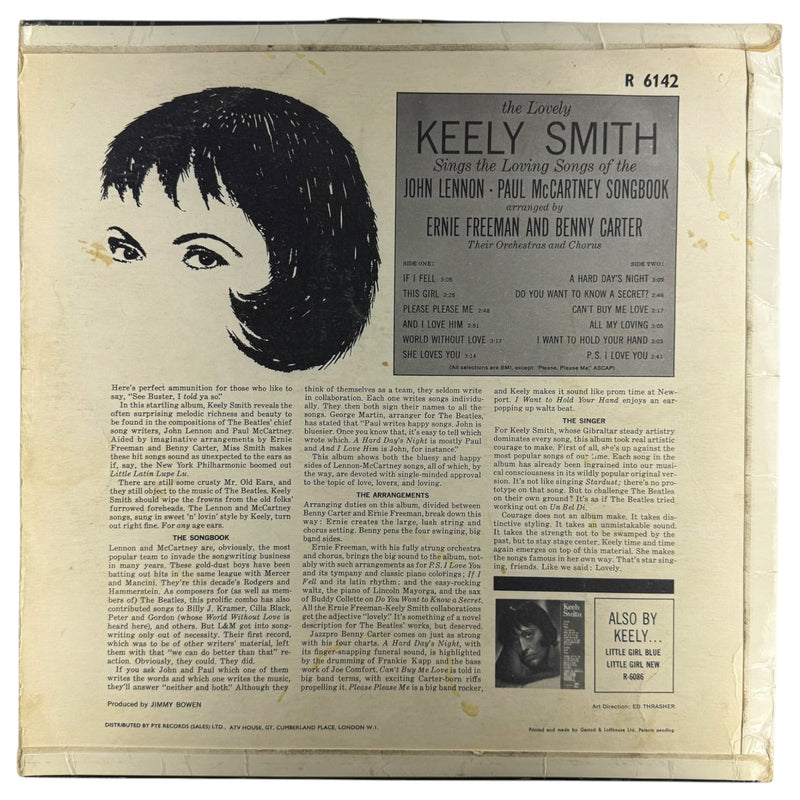 Keely Smith Sings The Lennon-McCartney Songbook vinyl record album cover. Features a black and white illustration of Keely Smith's face.