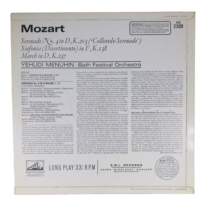 Mozart, Yehudi Menuhin, Bath Festival Orchestra: Music For The Archbishop [Preowned Vinyl] VG/VG+ - DD Music Geek