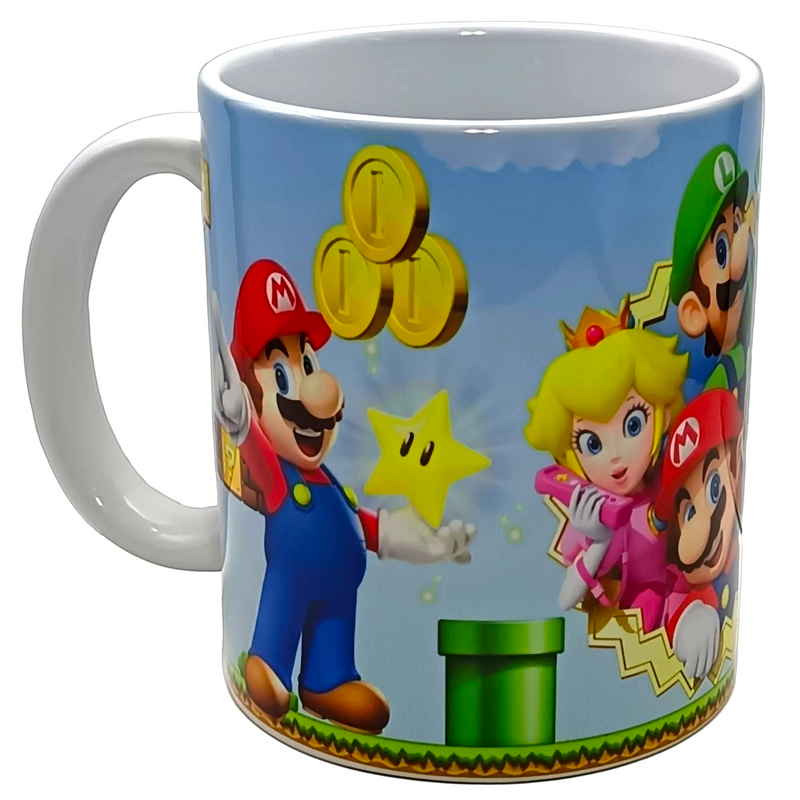 A white ceramic mug featuring a colorful print of Super Mario characters including Mario, Luigi, Princess Peach, and Bowser, with gold coins, a yellow star, and a green pipe on a blue sky background.