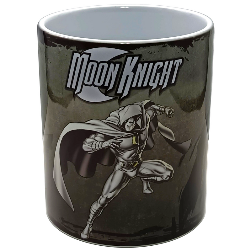 A ceramic mug featuring a graphic of the Marvel character Moon Knight in a dynamic pose against a dark, textured background, with the 'Moon Knight' logo above him.