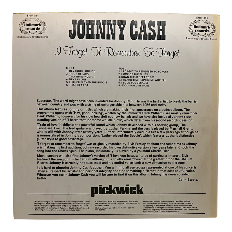 Johnny Cash - I Forgot To Remember To Forget - Vinyl LP - Preowned - Back Cover