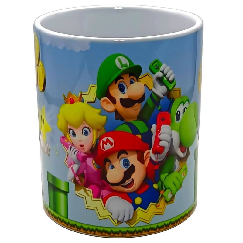 A white ceramic mug featuring a colorful print of Super Mario characters including Mario, Luigi, Princess Peach, and Yoshi against a light blue sky background.