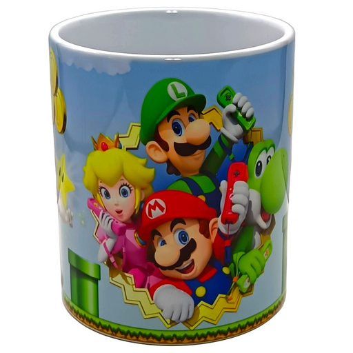 A white ceramic mug featuring a colorful print of Super Mario characters including Mario, Luigi, Princess Peach, and Yoshi against a light blue sky background.