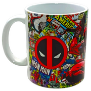 A white ceramic mug featuring a colorful Deadpool comic book collage print with a large red and black Deadpool logo on the front, set against a plain light gray background.