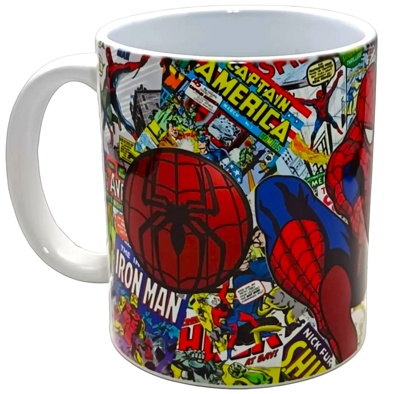 A white ceramic mug featuring a colorful collage of Marvel comic book covers and characters, including Spider-Man and Iron Man, on a light gray background.