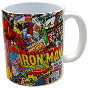 A white ceramic mug featuring a colorful collage print of comic book covers, prominently displaying 'Iron Man' and other Marvel characters and titles.