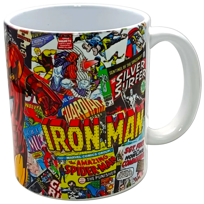 A white ceramic mug featuring a colorful collage print of comic book covers, prominently displaying 'Iron Man' and other Marvel characters and titles.
