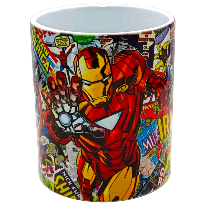 A white ceramic mug featuring a colorful wrap-around print of Iron Man from Marvel Comics, set against a neutral gray background.