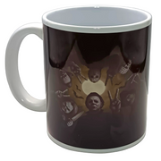 A white ceramic mug featuring a dark, horror-themed graphic print on the exterior, photographed on a light gray surface with a white background.