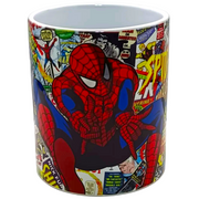 A white ceramic mug featuring a colorful Spider-Man comic book cover design with the character in red and blue posing over a collage of vintage comic book panels.