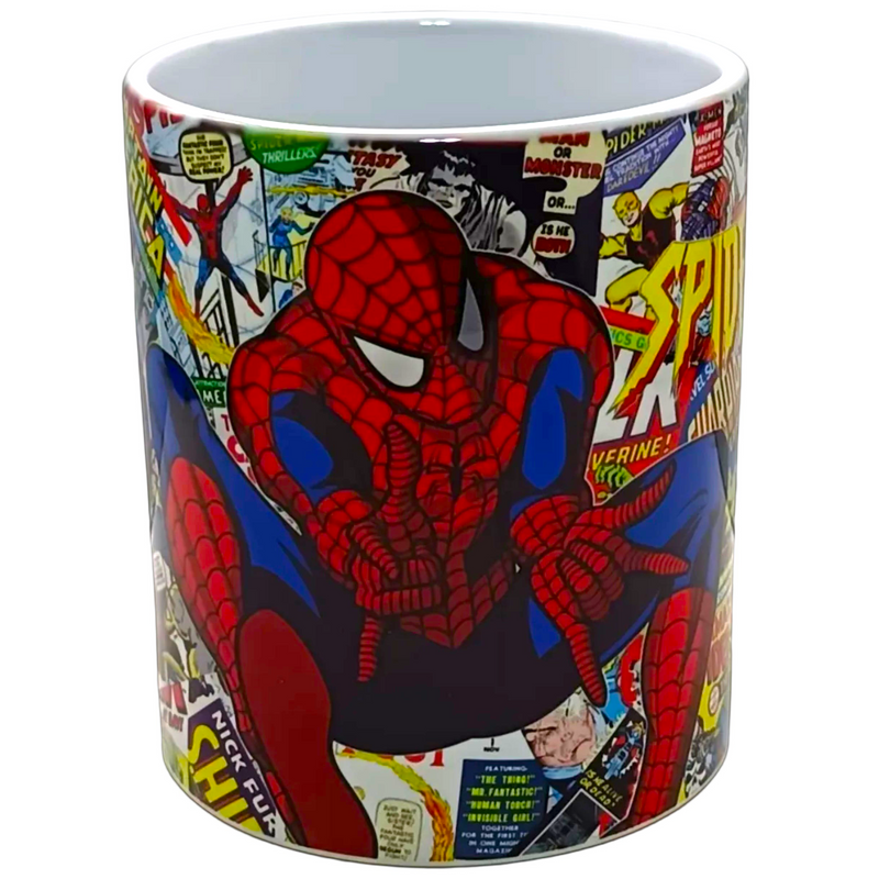 A white ceramic mug featuring a colorful Spider-Man comic book cover design with the character in red and blue posing over a collage of vintage comic book panels.