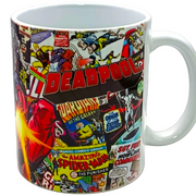 A white ceramic coffee mug featuring a colorful collage of comic book covers, prominently displaying 'Deadpool' and Marvel titles, set against a neutral light gray background.