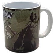 A white ceramic mug featuring a dark graphic print of a knight and a shadowy figure, with the word 'KNIGHT' printed on the side.