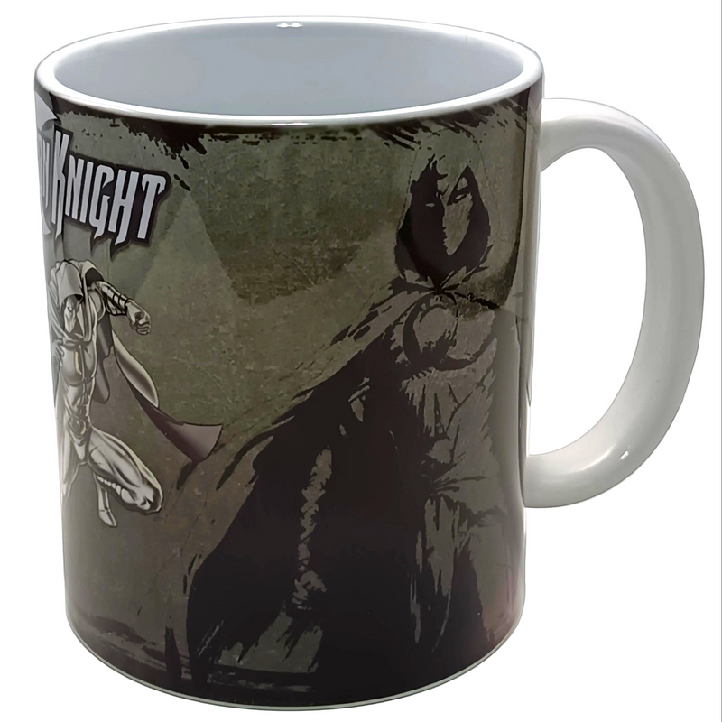 A white ceramic mug featuring a dark graphic print of a knight and a shadowy figure, with the word 'KNIGHT' printed on the side.