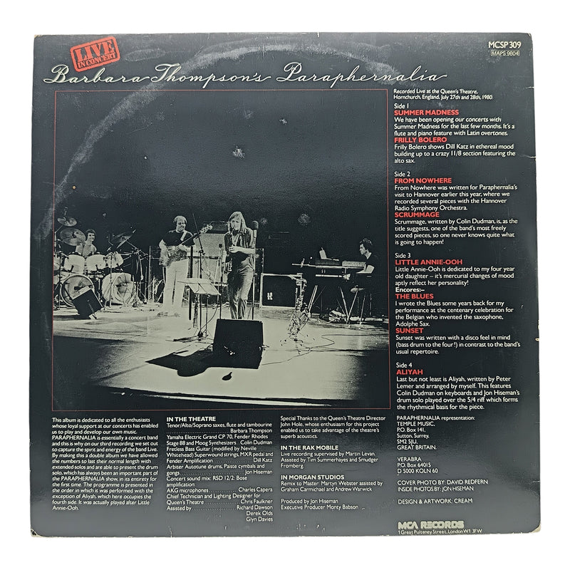 Barbara Thompson's Paraphernalia - Live In Concert - 2LP - Preowned - Back Cover