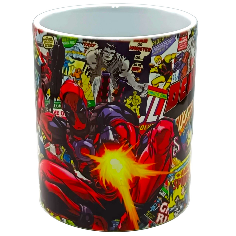 A white ceramic mug featuring a colorful Deadpool comic book cover print, shown against a neutral gray background.