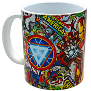 A white ceramic mug featuring a vibrant, all-over collage print of Marvel comic book covers and characters, including Iron Man and Captain America, on a light gray background.