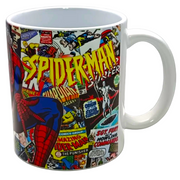 A white ceramic coffee mug featuring a colorful collage of classic Spider-Man comic book covers and panels, with the word 'SPIDER-MAN' in large yellow letters on the front.